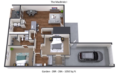 A 3D floor plan of a two bedroom apartment.